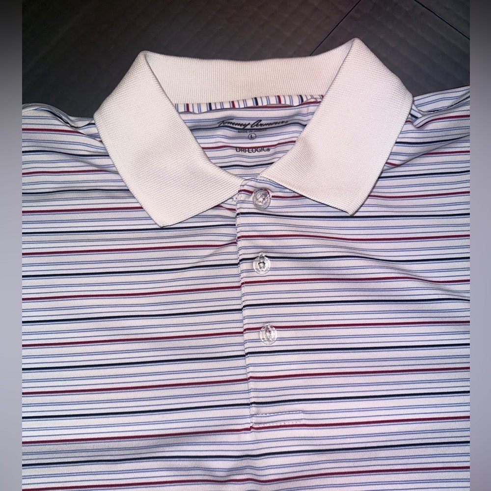 Tommy Armour Polo Shirt Mens Large Red Blue And White Striped Short Sleeve